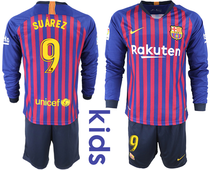 2018-19 Barcelona 9 SUAREZ Home Youth Long Sleeve Soccer Jersey