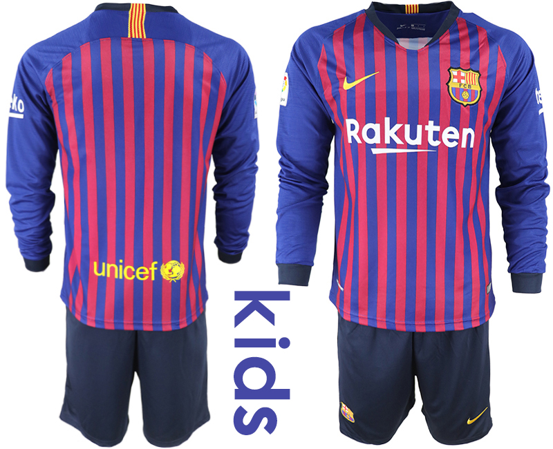 2018-19 Barcelona Home Youth Long Sleeve Soccer Jersey