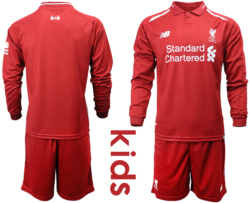 2018-19 Liverpool Home Youth Long Sleeve Soccer Jersey - Click Image to Close
