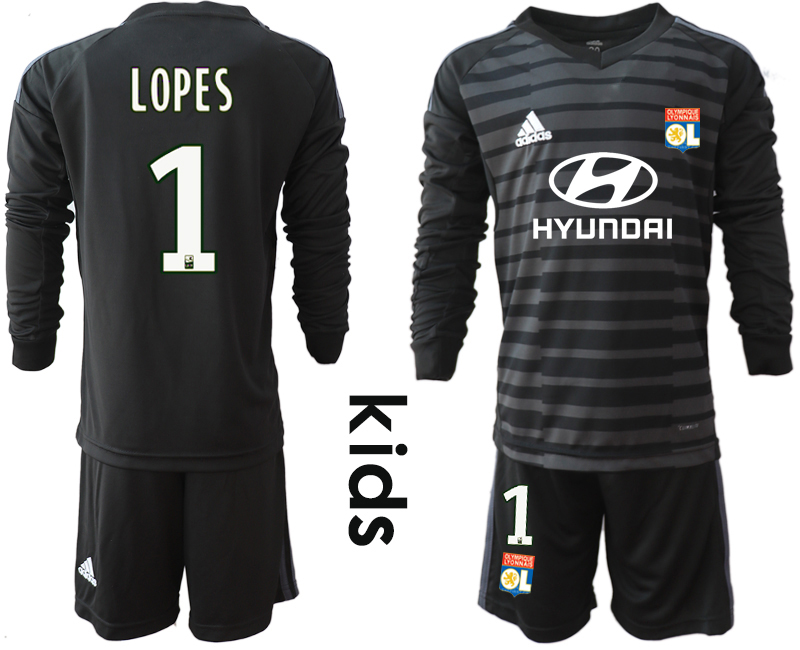2018-19 Lyon 1 LOPES Black Alternate Youth Long Sleeve Goalkeeper Soccer Jersey