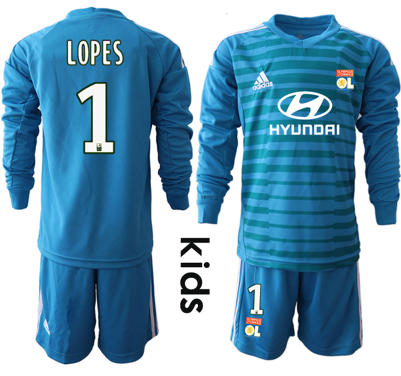 2018-19 Lyon 1 LOPES Blue Youth Long Sleeve Goalkeeper Soccer Jersey