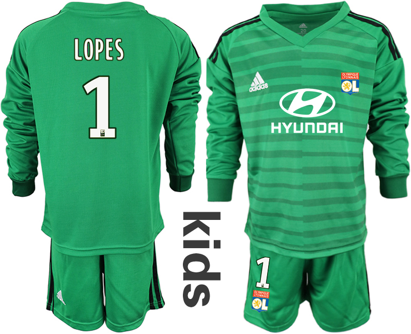 2018-19 Lyon 1 LOPES Green Youth Long Sleeve Goalkeeper Soccer Jersey
