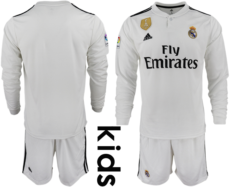 2018-19 Real Madrid Home Youth Long Sleeve Soccer Jersey
