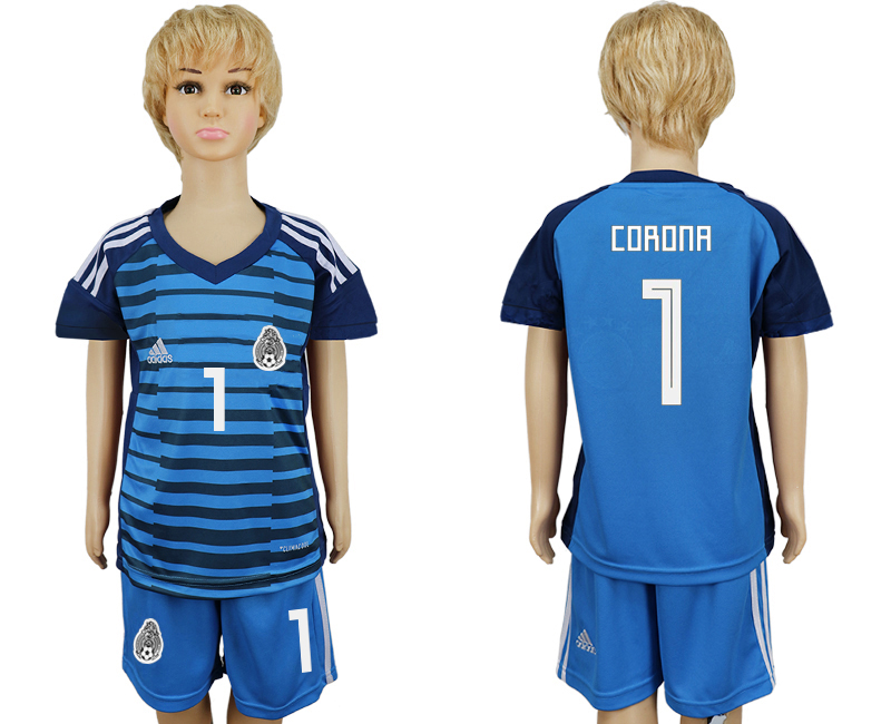 Mexico 1 CORONA Lake Blue Goalkeeper Youth 2018 FIFA World Cup Soccer Jersey - Click Image to Close