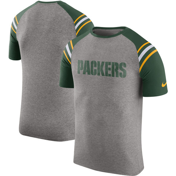 Green Bay Packers Nike Enzyme Shoulder Stripe Raglan T-Shirt Heathered Gray - Click Image to Close
