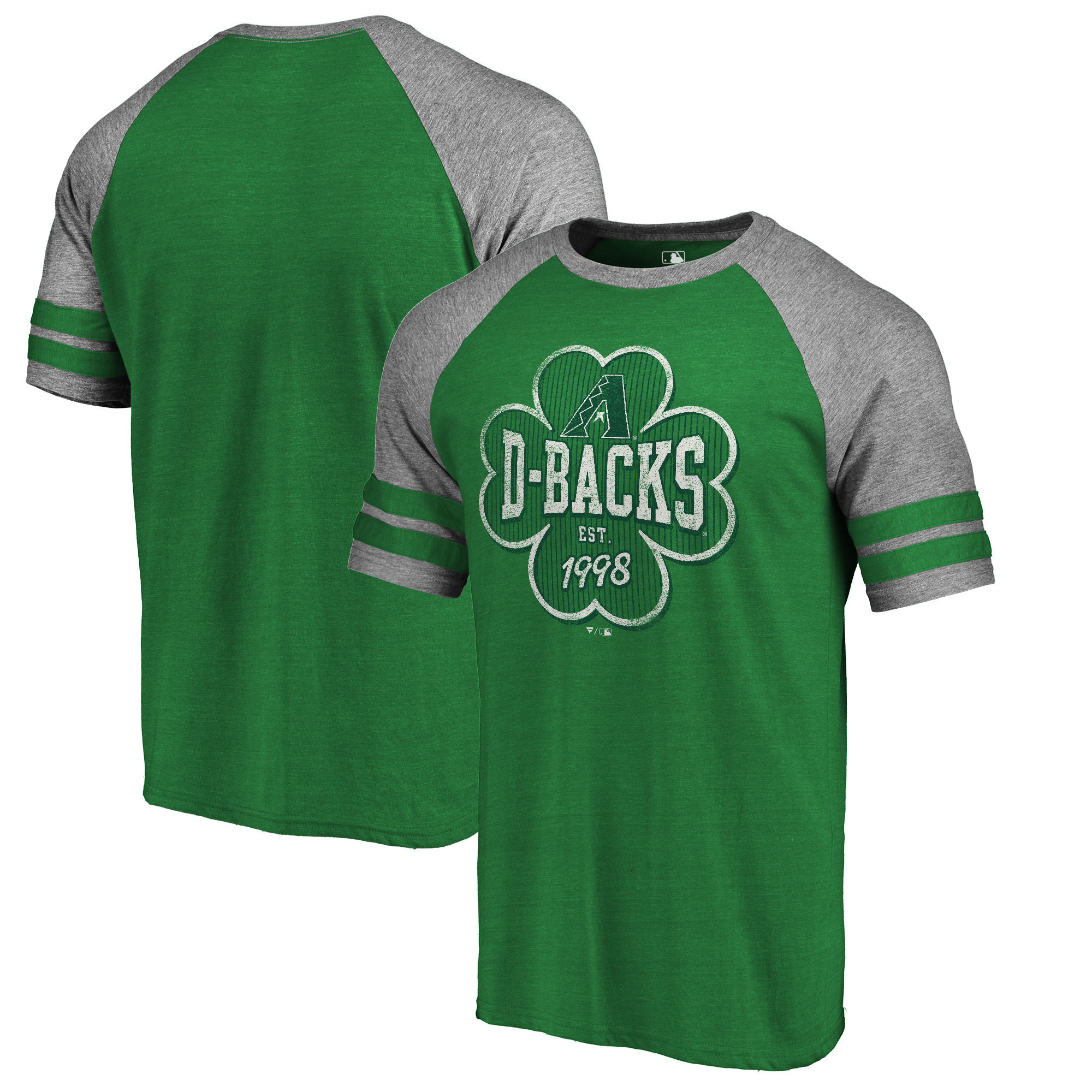 Arizona Diamondbacks Fanatics Branded 2018 St. Patrick's Day Emerald Isle Refresh Raglan 2 Stripe Tri Blend T-Shirt Kelly Green