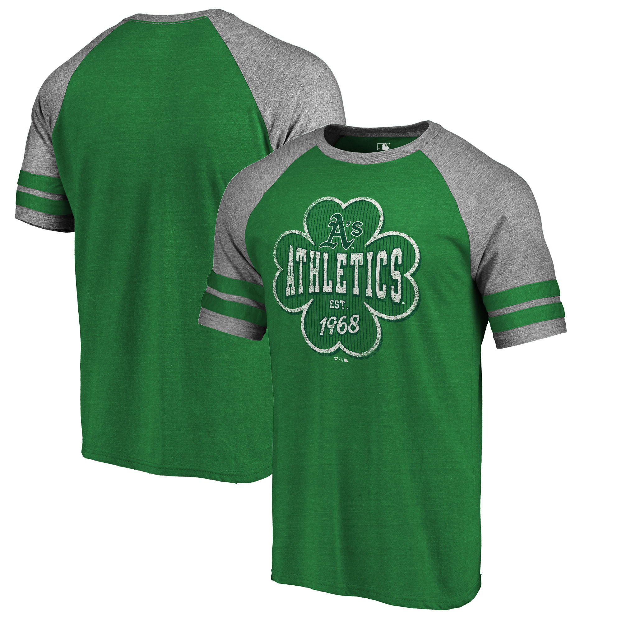 Oakland Athletics Fanatics Branded 2018 St. Patrick's Day Emerald Isle Refresh Raglan 2 Stripe Tri Blend T-Shirt Kelly Green