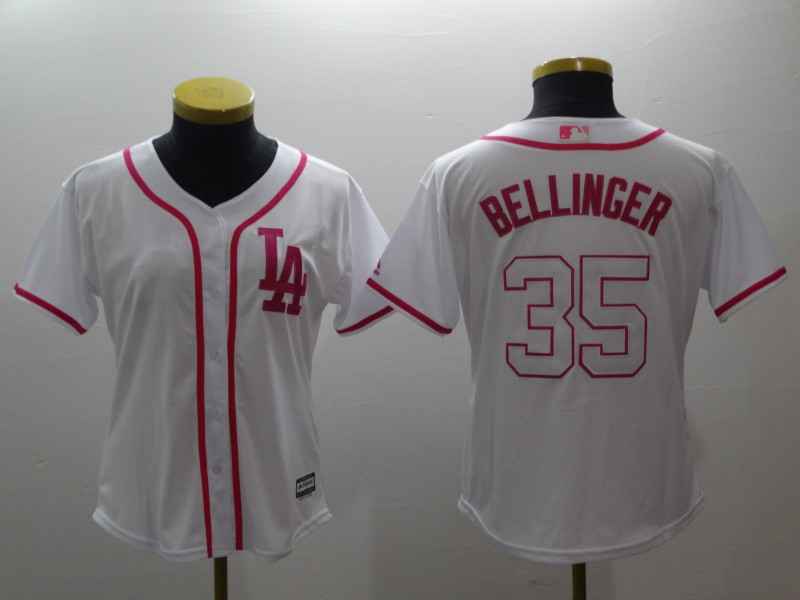 Dodgers 35 Cody Bellinger White Pink Women Cool Base Jersey - Click Image to Close
