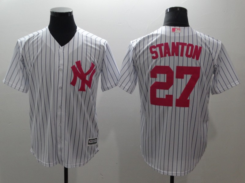 Yankees 27 Giancarlo Stanton White Pink Cool Base Jersey - Click Image to Close