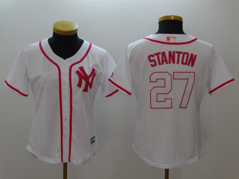 Yankees 27 Giancarlo Stanton White Pink Women Cool Base Jersey - Click Image to Close
