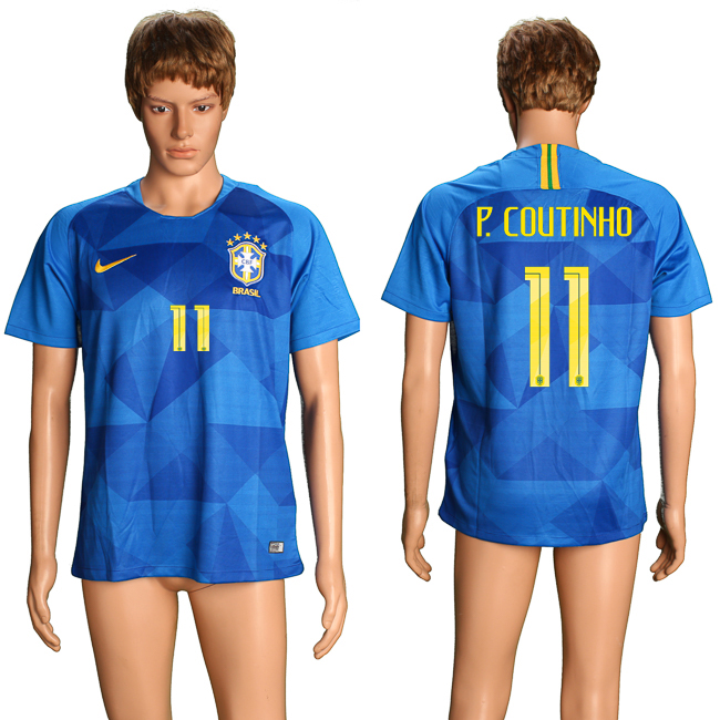 Brazil 11 P. COUTINHO Away 2018 FIFA World Cup Thailand Soccer Jersey - Click Image to Close