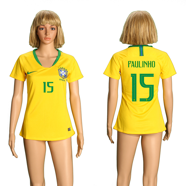 Brazil 15 PAULINHO Home Women 2018 FIFA World Cup Soccer Jersey - Click Image to Close