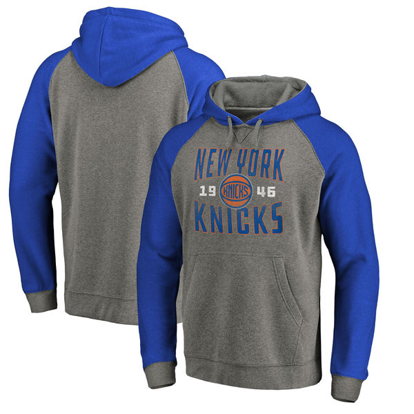 New York Knicks Fanatics Branded Ash Antique Stack Tri Blend Raglan Pullover Hoodie