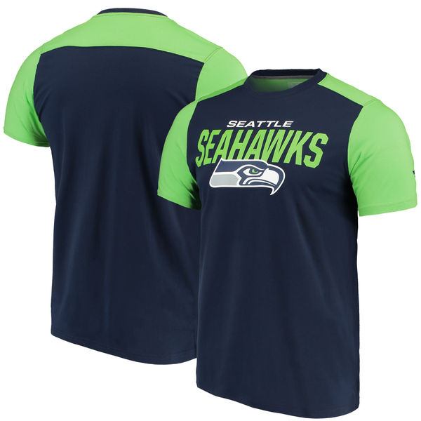 Seattle Seahawks NFL Pro Line by Fanatics Branded Iconic Color Blocked T-Shirt College NavyNeon Green - Click Image to Close