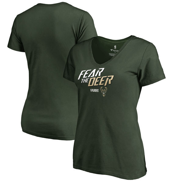 Milwaukee Bucks Fanatics Branded Women's 2018 NBA Playoffs Slogan V Neck T-Shirt Green