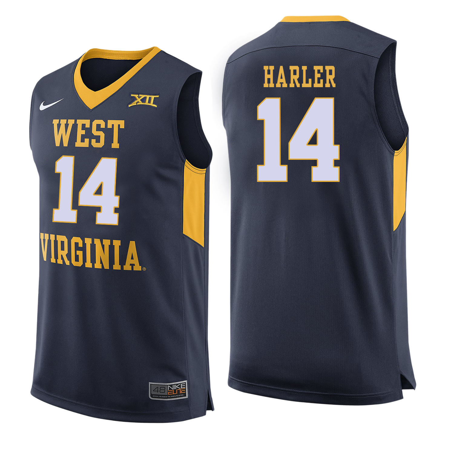 West Virginia Mountaineers 14 Chase Harler Navy College Basketball Jersey - Click Image to Close
