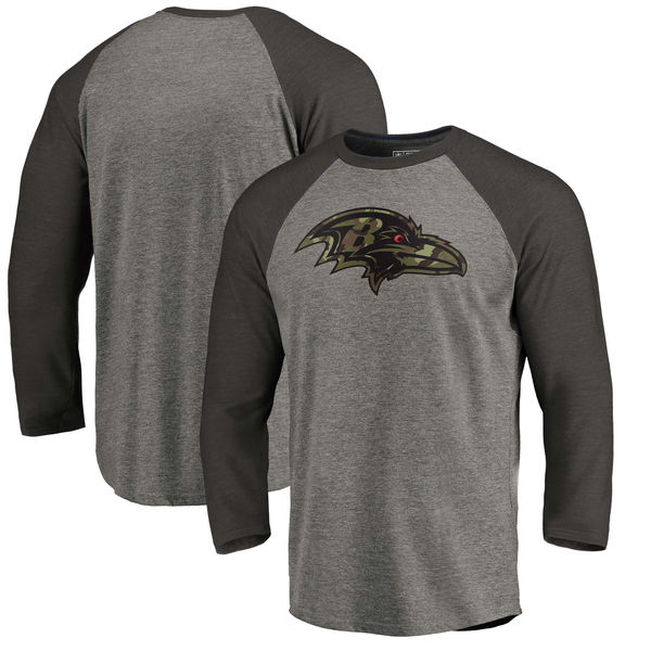 Baltimore Ravens NFL Pro Line by Fanatics Branded Black Gray Tri Blend 34-Sleeve T-Shirt - Click Image to Close
