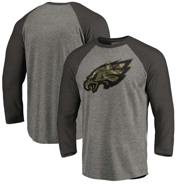 Philadelphia Eagles NFL Pro Line by Fanatics Branded Black Gray Tri Blend 34-Sleeve T-Shirt - Click Image to Close