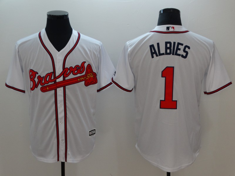 Braves 1 Ozzie Albies White Cool Base Jersey - Click Image to Close