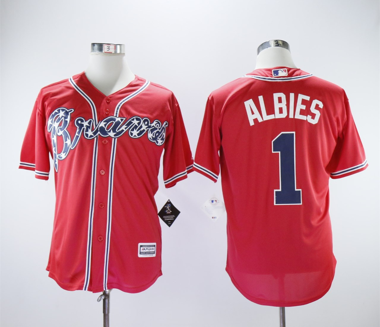 Braves 1 Ozzie Albies Red Cool Base Jersey - Click Image to Close