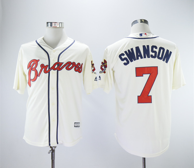 Braves 7 Dansby Swanson Cream Cool Base Jersey - Click Image to Close