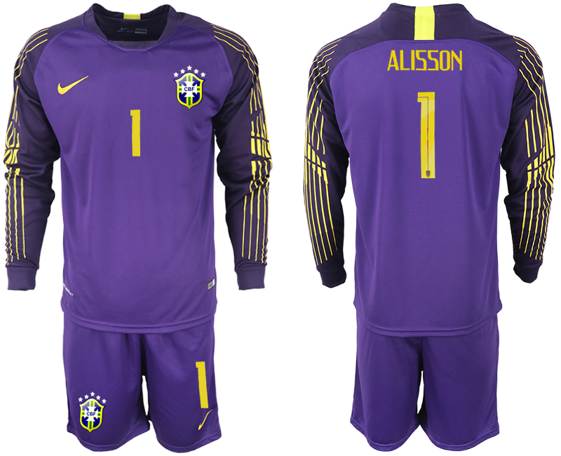 Brazil 1 ALISSON Purple Long Sleeve Goalkeeper Soccer Jersey