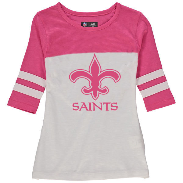 New Orleans Saints 5th & Ocean by New Era Girls Youth Jersey 34 Sleeve T-Shirt White/Pink