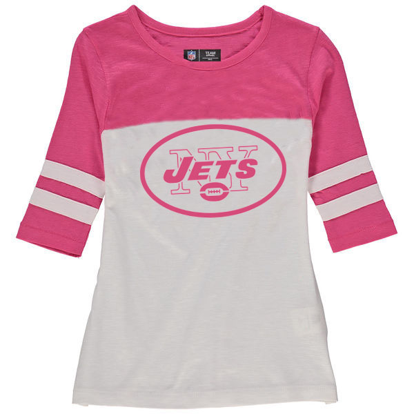 New York Jets 5th & Ocean by New Era Girls Youth Jersey 34 Sleeve T-Shirt White/Pink