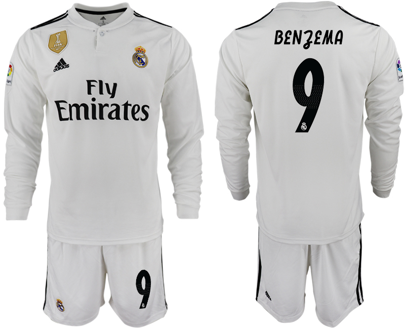 2018-19 Real Madrid 9 BENZEMA Home Long Sleeve Soccer Jersey - Click Image to Close