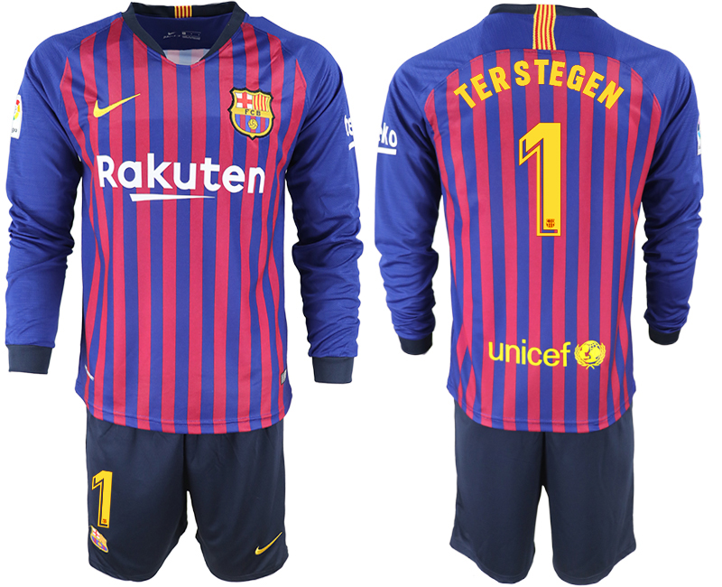 2018-19 Barcelona 1 TER STEGEN Home Long Sleeve Soccer Jersey