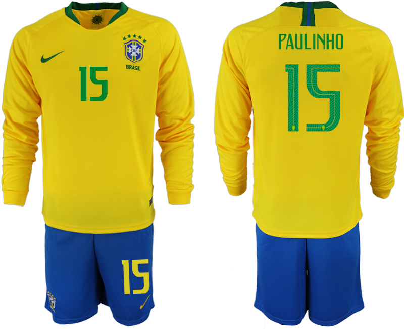 2018-19 Brazil 15 PAULINHO Home Long Sleeve Soccer Jersey - Click Image to Close