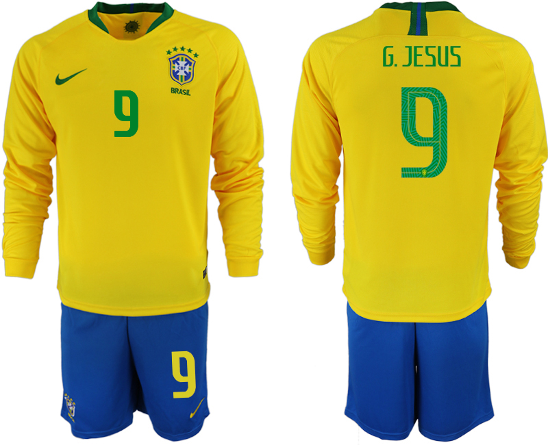 2018-19 Brazil 9 G. JESUS Home Long Sleeve Soccer Jersey - Click Image to Close