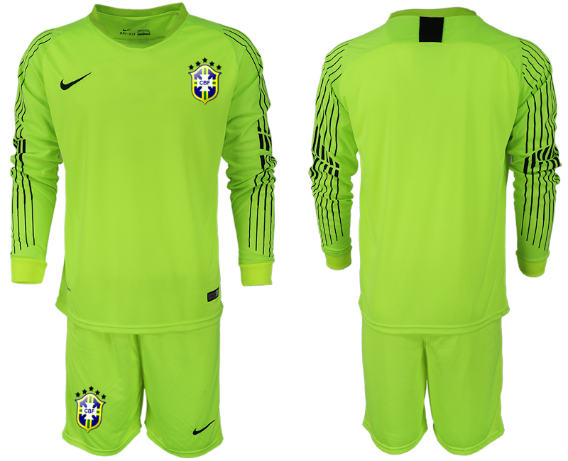 2018-19 Brazil Fluorescent Green Goalkeeper Long Sleeve Soccer Jersey - Click Image to Close