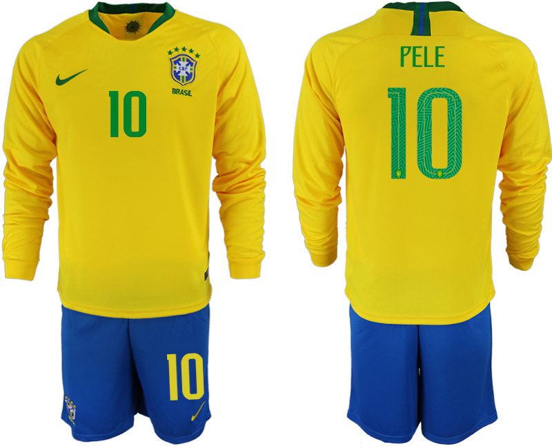Brazil 10 PELE Home 2018 FIFA World Cup Long Sleeve Soccer Jersey - Click Image to Close