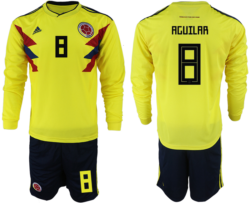Colombia 8 AGUILAR Home 2018 FIFA World Cup Long Sleeve Soccer Jersey - Click Image to Close