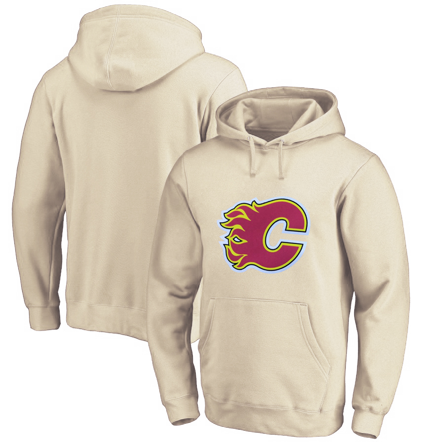 Calgary Flames Cream Men's Customized All Stitched Pullover Hoodie - Click Image to Close