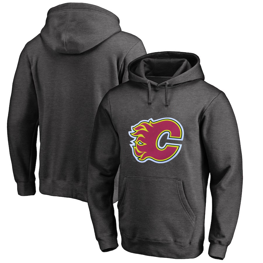 Calgary Flames Dark Gray Men's Customized All Stitched Pullover Hoodie - Click Image to Close