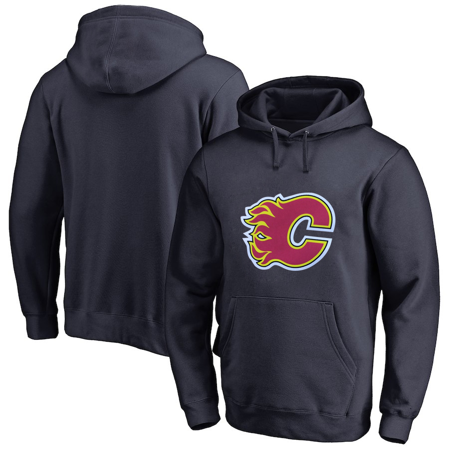 Calgary Flames Navy Men's Customized All Stitched Pullover Hoodie