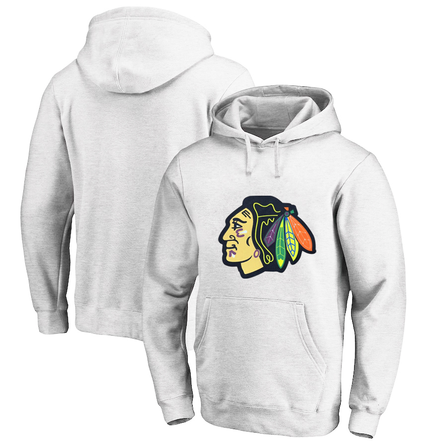 Chicago Blackhawks White Men's Customized All Stitched Pullover Hoodie - Click Image to Close