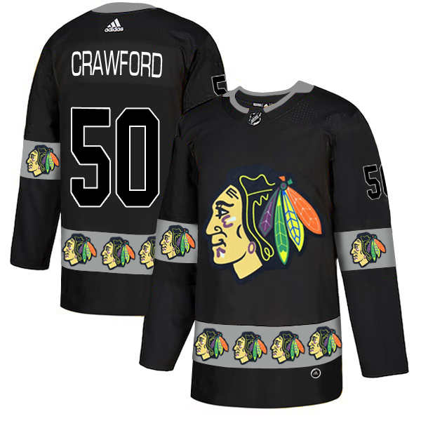 Blackhawks 50 Corey Crawford Black Team Logos Fashion Adidas Jersey