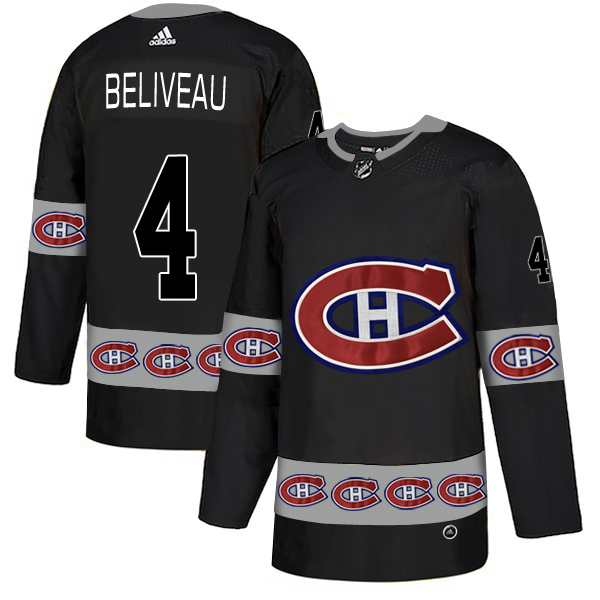 Canadiens 4 Jean Beliveau Black Team Logos Fashion Adidas Jersey