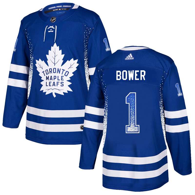 Maple Leafs 1 Johnny Bower Blue Drift Fashion Adidas Jersey - Click Image to Close