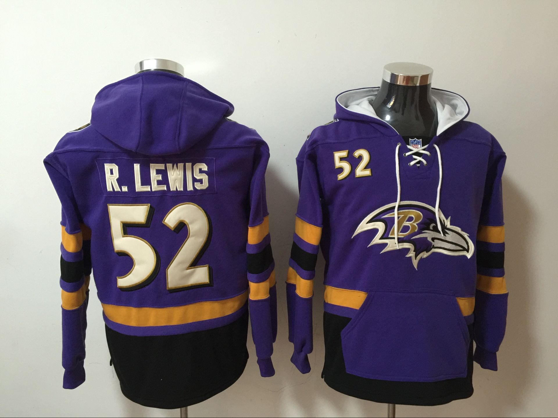 Ravens 52 Ray Lewis Purple All Stitched Hooded Sweatshirt