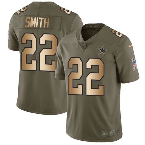 Nike Cowboys 22 Emmitt Smith Olive Gold Salute To Service Limited Jersey