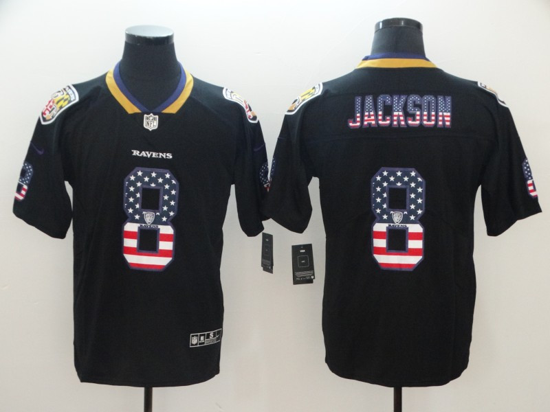 Nike Ravens 8 Lamar Jackson Black USA Flag Fashion Limited Jersey