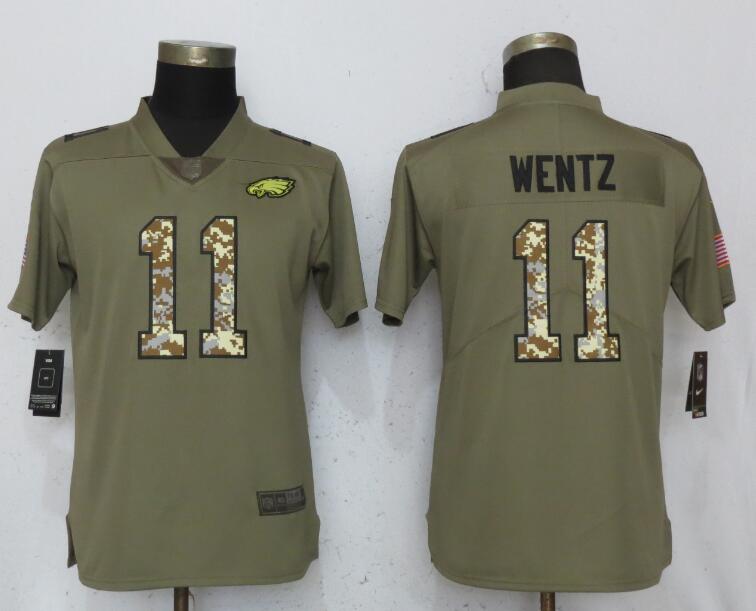 Nike Eagles 11 Carson Wentz Olive Camo Women Salute To Service Limited Jersey