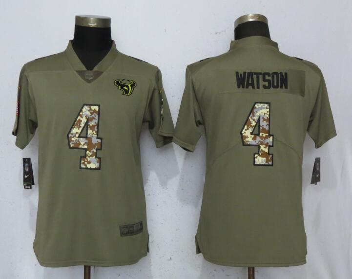Nike Texans 4 Deshaun Watson Olive Camo Women Salute To Service Limited Jersey - Click Image to Close