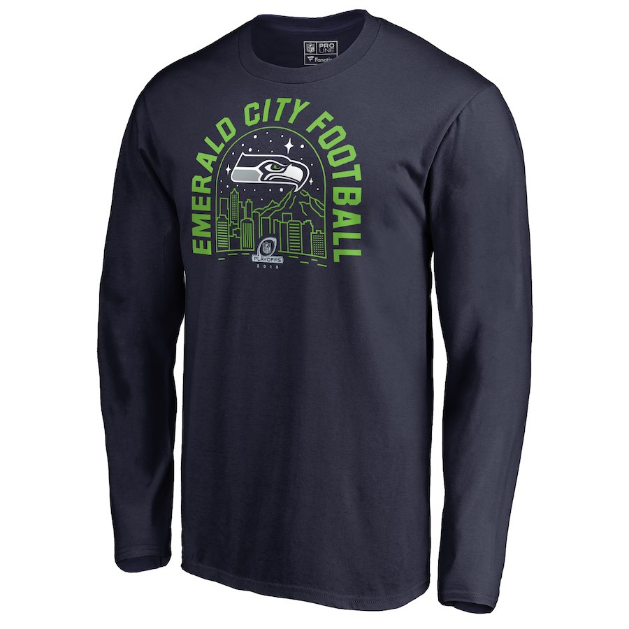 Seahawks Navy 2018 NFL Playoffs Emerald City Football Men's Long Sleeve T-Shirt - Click Image to Close