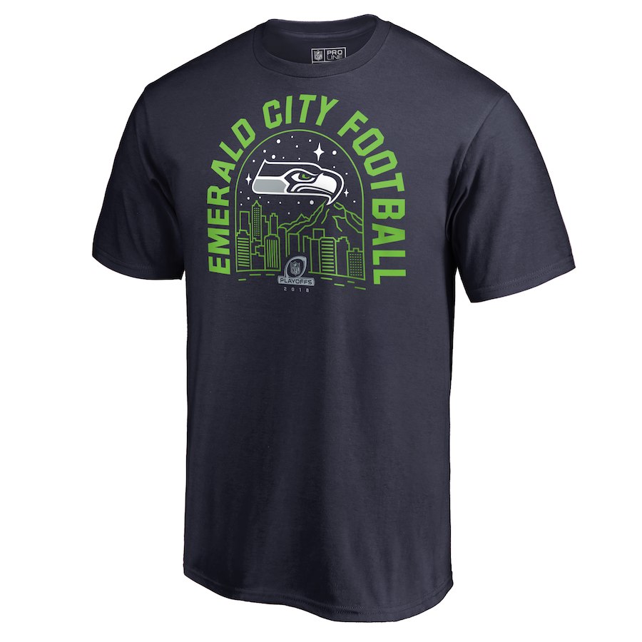 Seahawks Navy 2018 NFL Playoffs Emerald City Football Men's T-Shirt