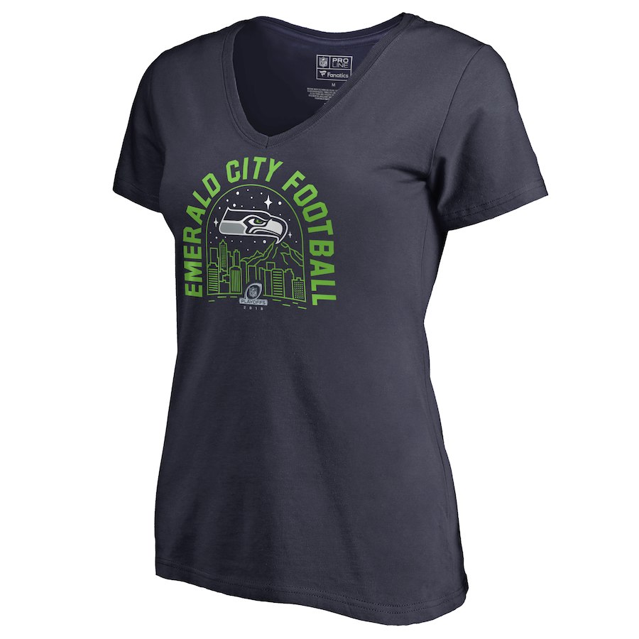 Seahawks Navy Women's 2018 NFL Playoffs Emerald City Football T-Shirt